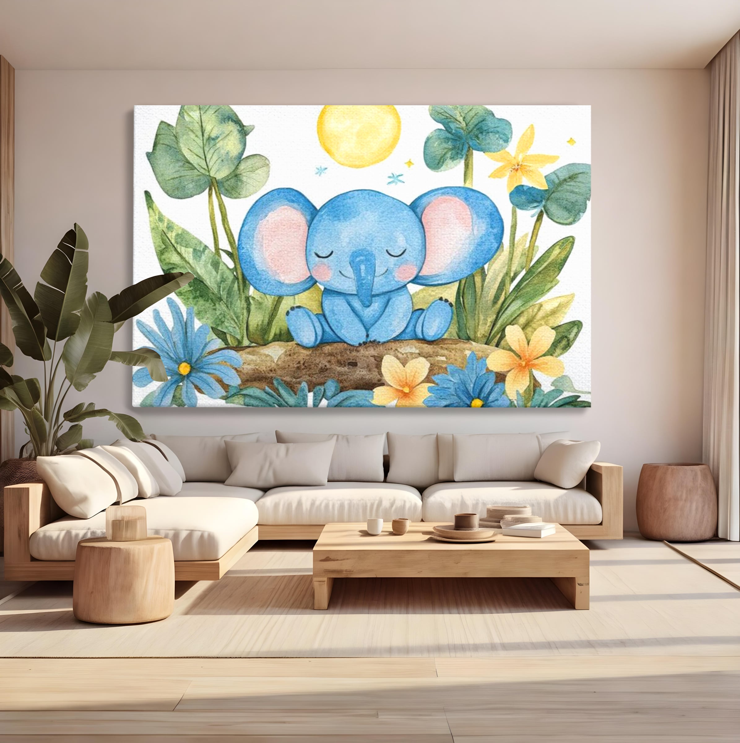 Tablou canvas cu ilustratie cu elefant albastru dormind pe o tulpina, fara rama, pe sasiu de lemn, pe perete intr-un living